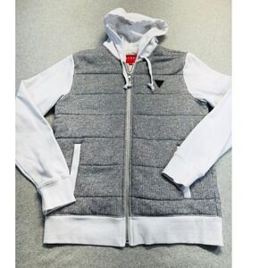 Guess Los Angeles Womens Small Quilted Puffer Hoodie Jacket Gray White Full Zip